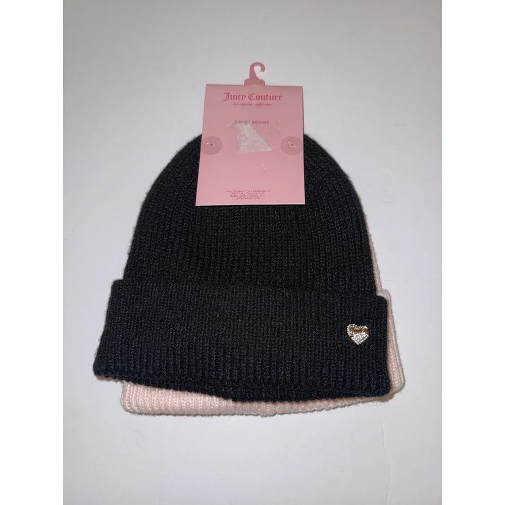 Juicy Couture Women 2 Pack Beanie Hat Set Pink Black Heart Logo Winter Cold NWT